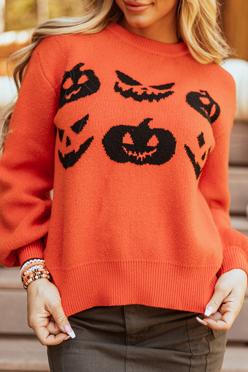 KaleaBoutique Halloween Pumpkin Face Pattern Drop Shoulder Sweater - KaleaBoutique.com