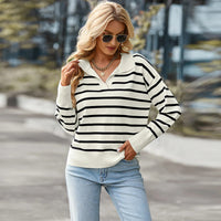 Women's Striped V-Neck Collared Pullover Sweater - KaleaBoutique.com