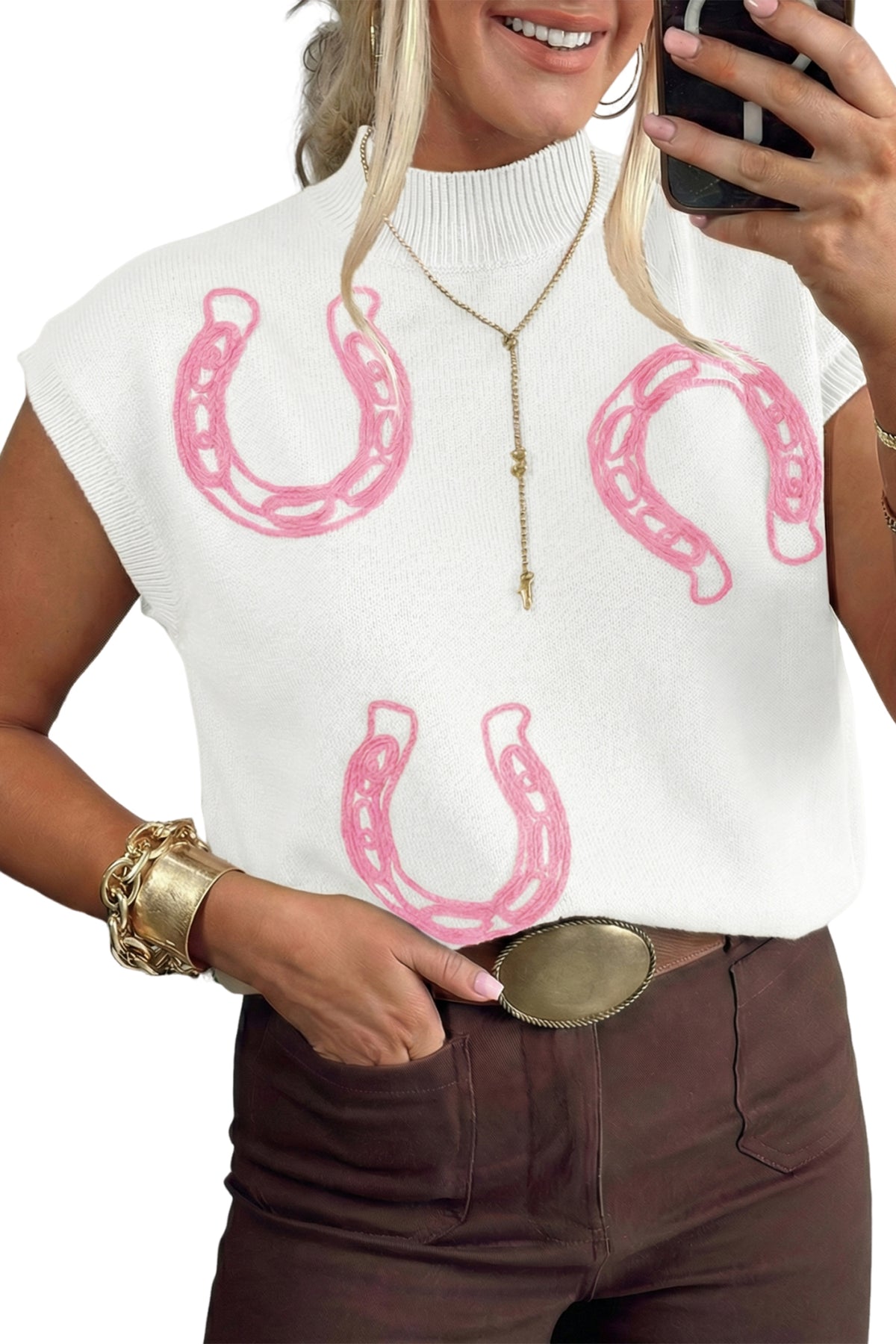 KaleaBoutique Stylish Corded Horseshoes Ribbed Trim Mock Neck Short Sleeve Sweater - KaleaBoutique.com