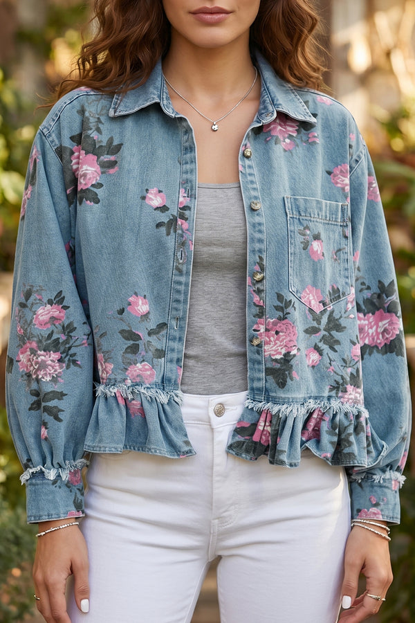 Floral Print Raw Seam Ruffle Hem Denim Jacket - KaleaBoutique.com