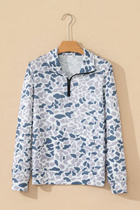 Camouflage Print Kangaroo Pocket Zip Collar Pullover Sweatshirt - KaleaBoutique.com
