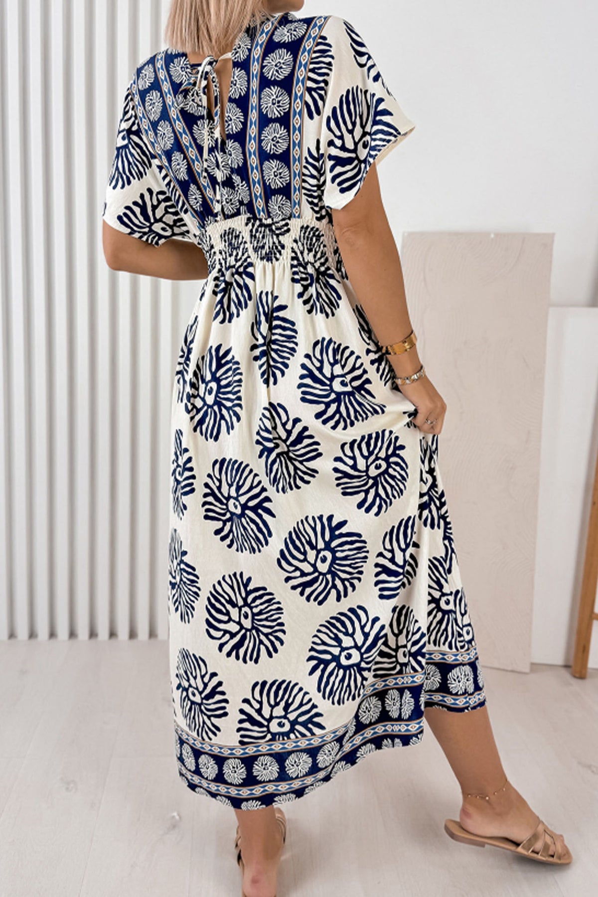 KaleaBoutique Comfortable Boho Floral Print Contrast Patchwork V Neck Dolman Maxi Dress - KaleaBoutique.com