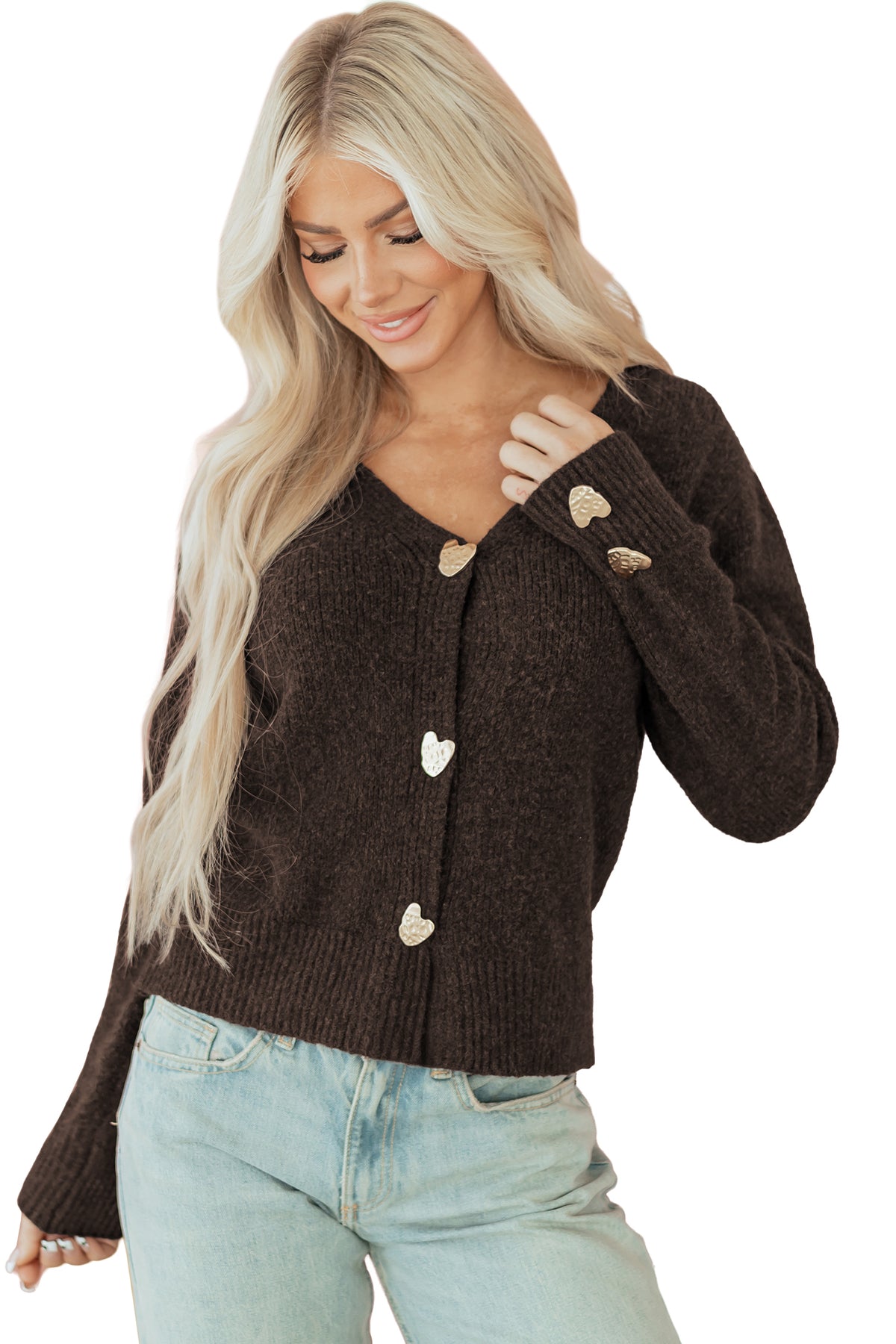 KaleaBoutique Comfortable Heart Metal Button V Neck Cardigan Sweater - KaleaBoutique.com