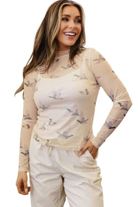 KaleaBoutique Stylish High Neck Western Print Mesh Sheer Long Sleeve Top - KaleaBoutique.com