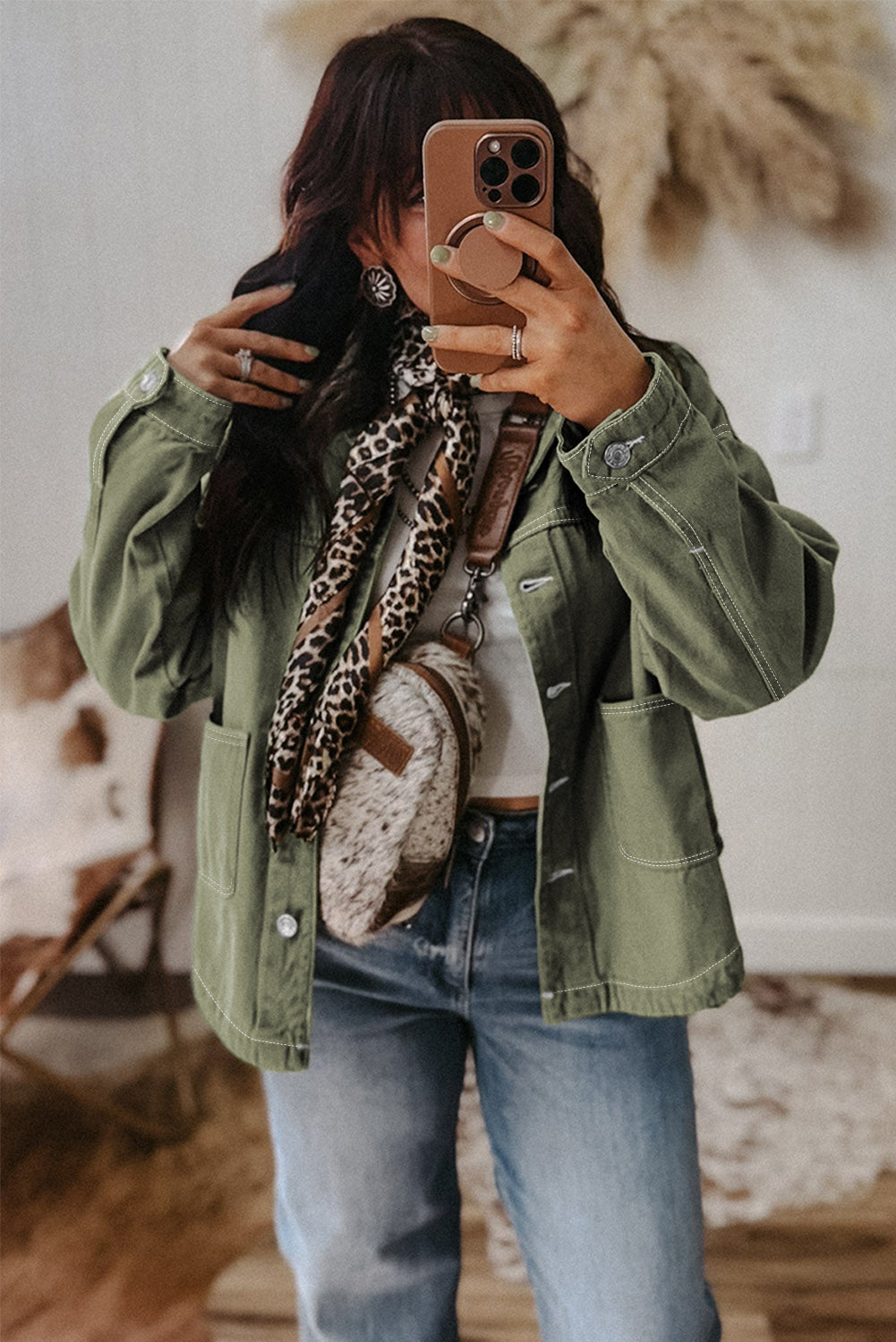 Patched Pocket Collared Button Front Boyfriend Denim Jacket - KaleaBoutique.com