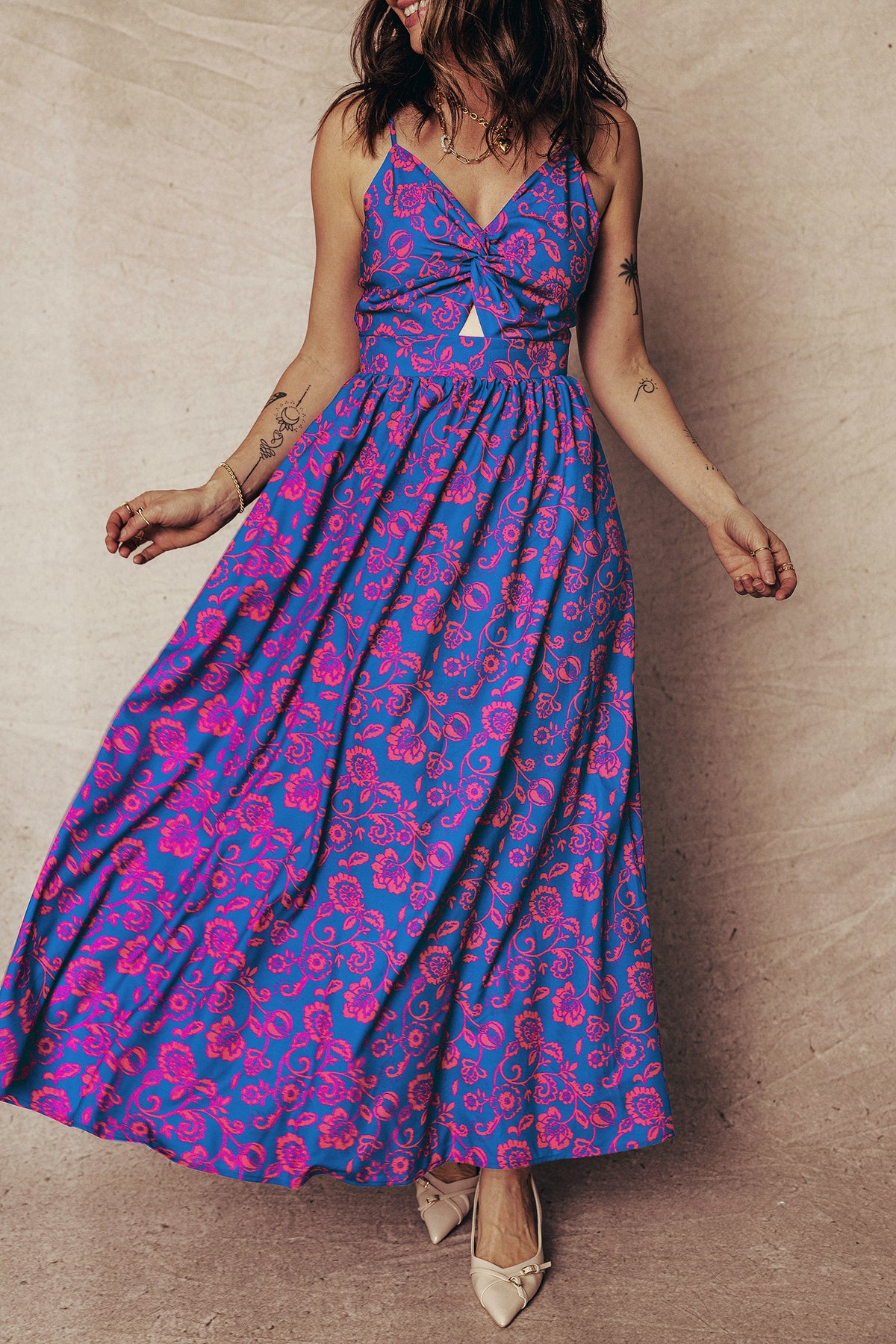 KaleaBoutique Stylish Floral Print Twisted V Neck Tied Backless Maxi Dress - KaleaBoutique.com