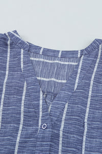 KaleaBoutique Stylish Striped Print V Neck Half Buttons Loose Blouse - KaleaBoutique.com
