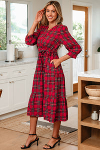 KaleaBoutique Christmas Plaid V Neck 3/4 Sleeve Tie Waist Ruffle Hem Long Dress - KaleaBoutique.com