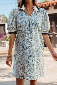 KaleaBoutique Stylish Floral Print Striped Webbing Patchwork Collar Short Sleeve Mini Dress - KaleaBoutique.com