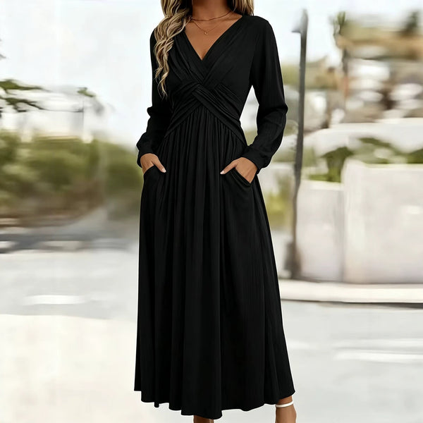 KaleaBoutique V-Neck Long Sleeve A-Line Maxi Dress - KaleaBoutique.com