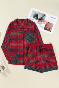 KaleaBoutique Comfortable Dearlovers Plaid Contrast Patched Christmas Holiday Long Sleeve Shirt and Short 2pcs Pajama Set - KaleaBoutique.com