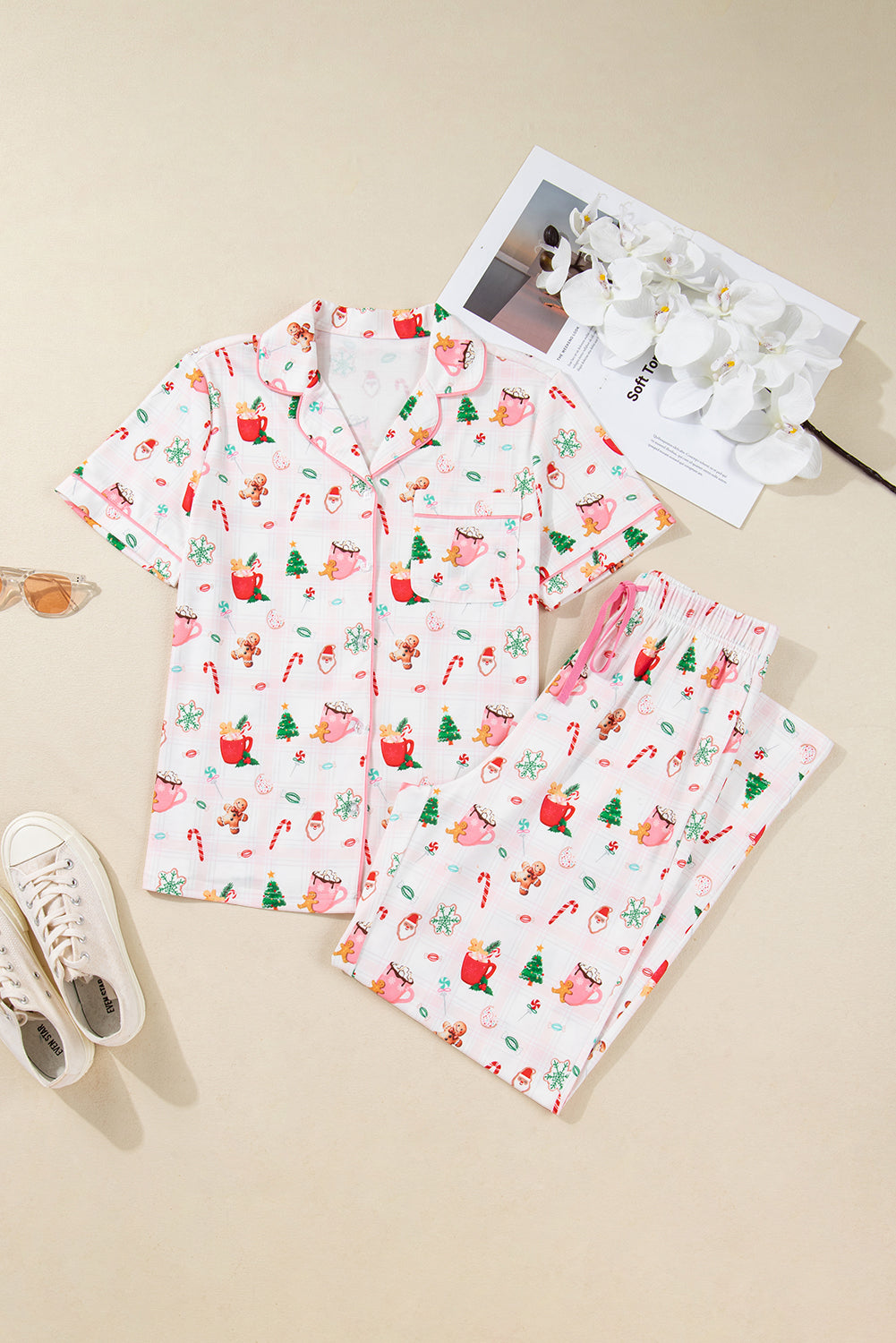 KaleaBoutique Stylish Christmas Spirit Cute Holiday Print Short Sleeve Shirt and Pants 2pcs Pajama Set - KaleaBoutique.com