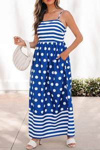 KaleaBoutique Stylish Striped Polka Dot Patchwork High Waist Spaghetti Straps Maxi Dress - KaleaBoutique.com
