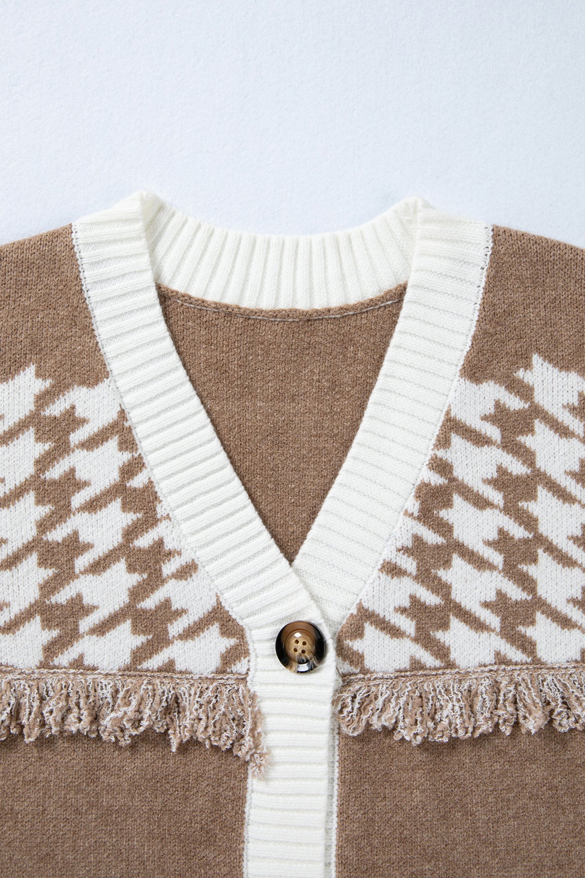 KaleaBoutique Classic Houndstooth Color Block V Neck Raw Edge Button Front Cardigan - KaleaBoutique.com