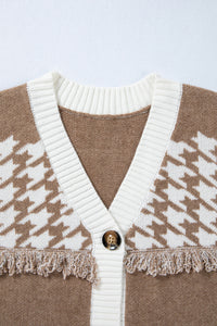 KaleaBoutique Classic Houndstooth Color Block V Neck Raw Edge Button Front Cardigan - KaleaBoutique.com