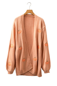 KaleaBoutique Comfortable Pumpkin Print Open Front Drop Shoulder Midi Cardigan - KaleaBoutique.com