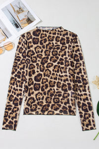 KaleaBoutique Stylish Leopard Print Slim Fit Mesh Long Sleeve Mock Neck Top - KaleaBoutique.com
