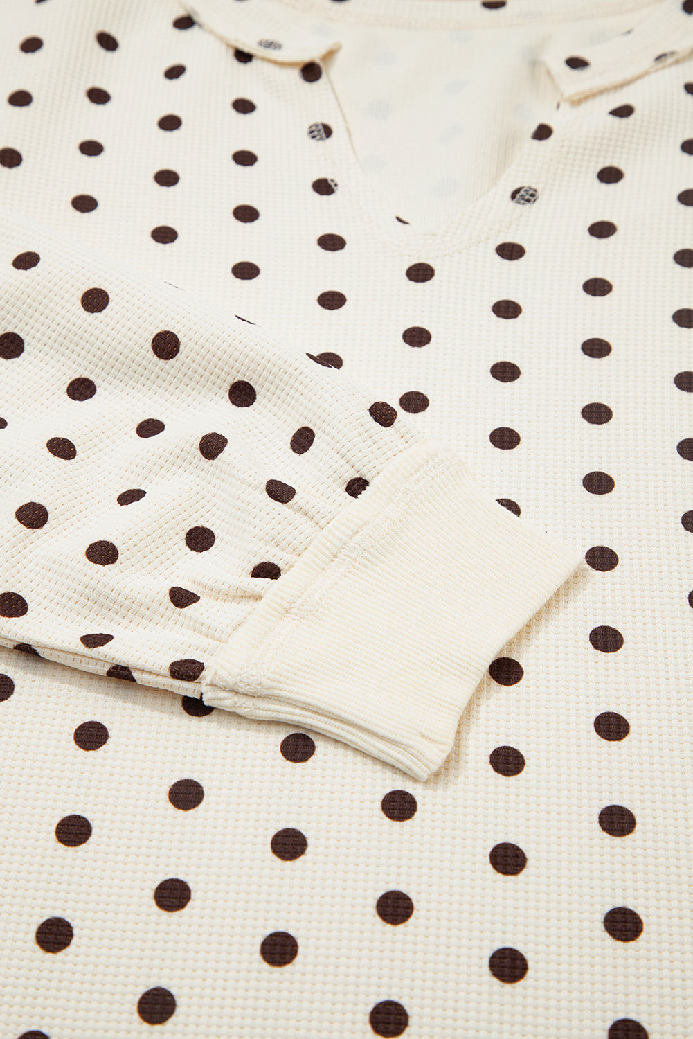 KaleaBoutique Comfortable Polka Dot Print Notched Neck Long Sleeve Top Drawstring Jogger Pants Waffle Knit Lounge Set - KaleaBoutique.com