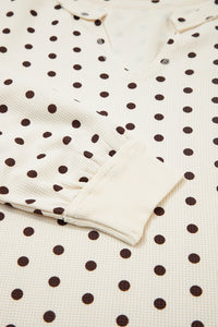 KaleaBoutique Comfortable Polka Dot Print Notched Neck Long Sleeve Top Drawstring Jogger Pants Waffle Knit Lounge Set - KaleaBoutique.com
