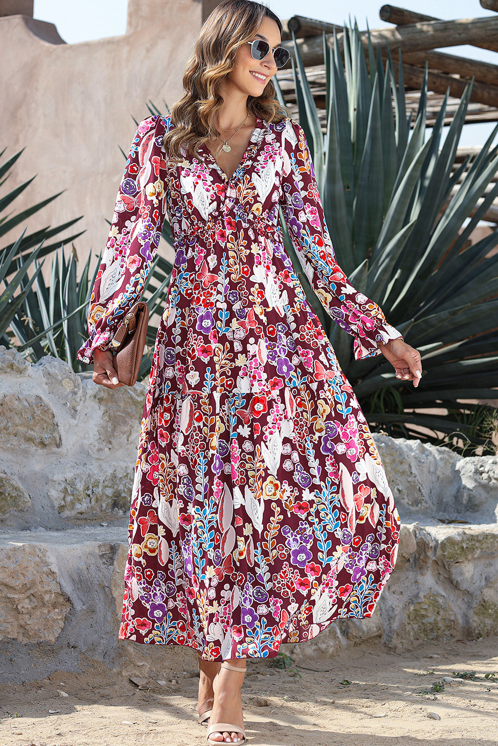 KaleaBoutique V Neck Floral Print Empire Waist Maxi Dress - KaleaBoutique.com