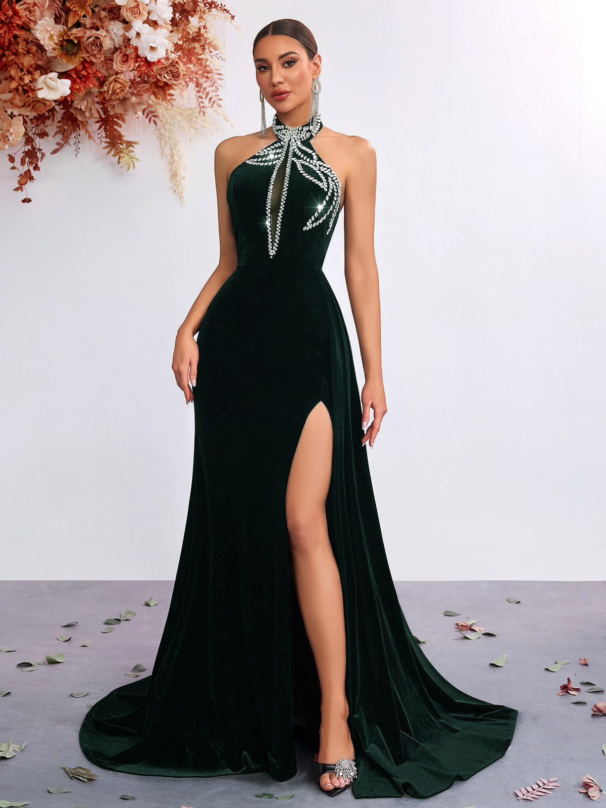Velvet Halter Neck Beaded Mermaid Evening Gown With High Slit - KaleaBoutique.com
