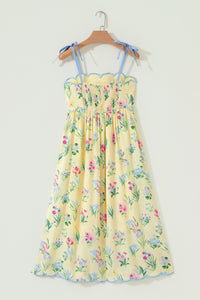 KaleaBoutique Stylish Floral Print Contrast Trim Self-tie Straps High Waist Midi Dress - KaleaBoutique.com