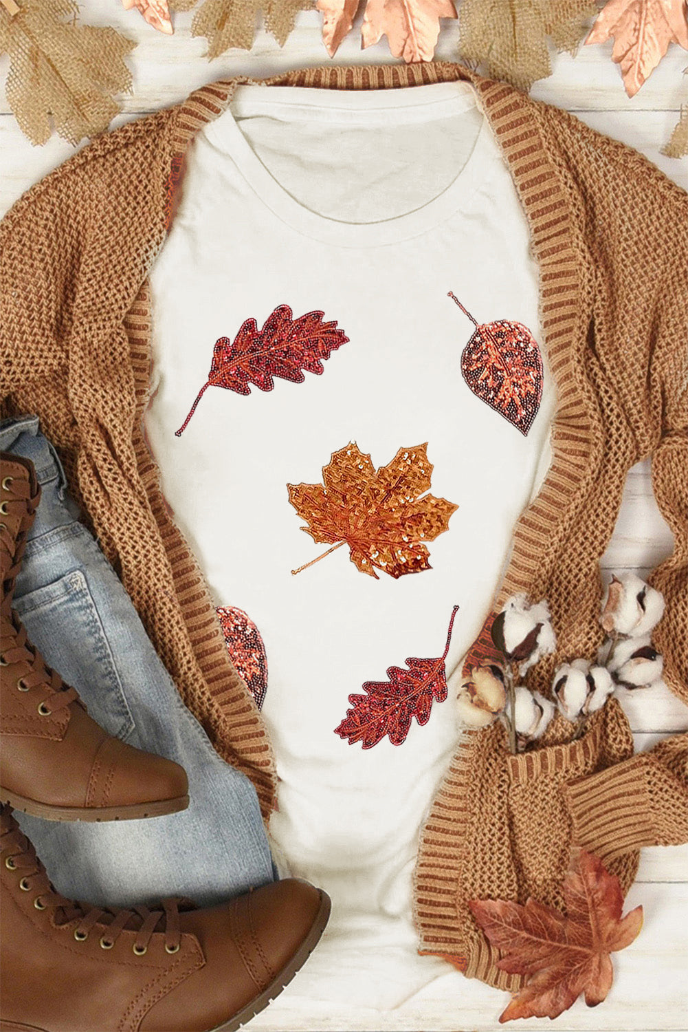 White Sequined Halloween Leaves T-Shirt