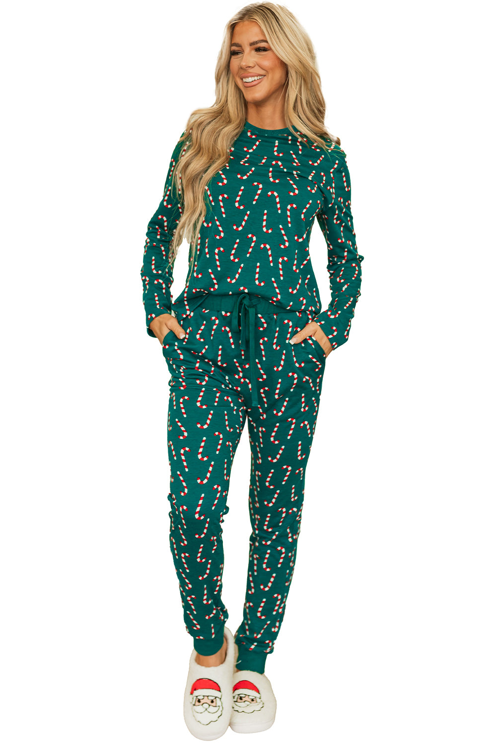 KaleaBoutique Stylish Christmas Candy Cane Printed Top and Pants Lounge Set - KaleaBoutique.com