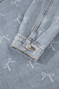Bow Knot Print Light Wash Raw Hem Denim Jacket - KaleaBoutique.com