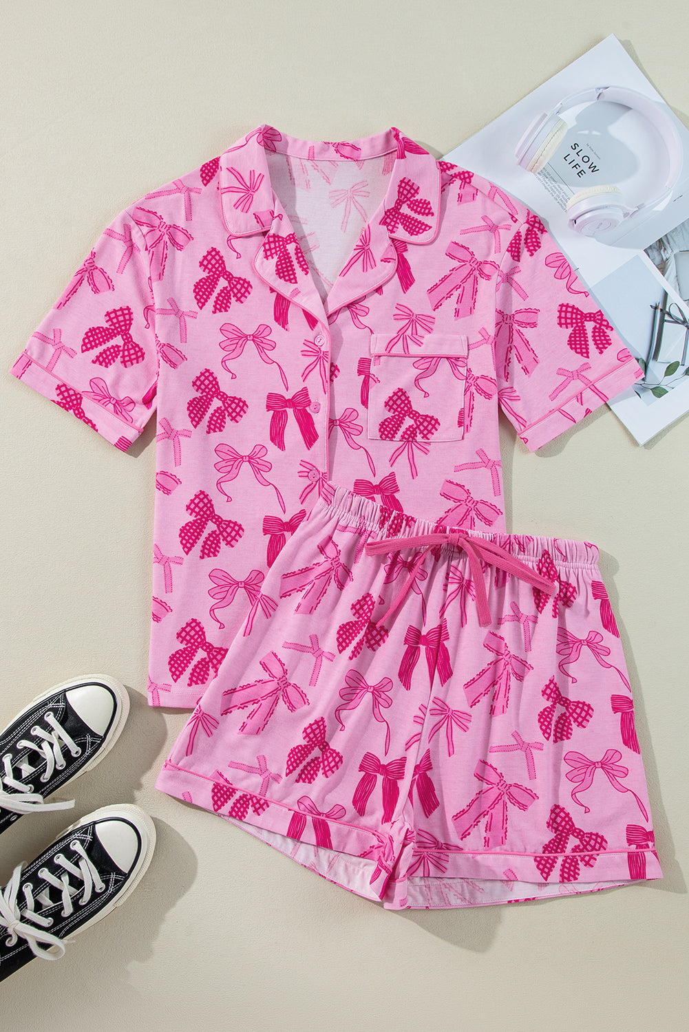 KaleaBoutique Stylish Bow Print Half Sleeve Shirt and Shorts Pajamas Set - KaleaBoutique.com