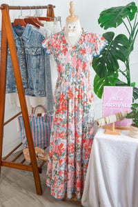 KaleaBoutique Comfortable Floral Print V Neck Contrast Trim Flutter Sleeve Long Dress - KaleaBoutique.com