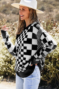 KaleaBoutique Checkered Print Drop Shoulder Round Neck Sweater - KaleaBoutique.com