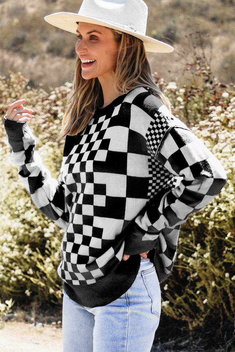 KaleaBoutique Checkered Print Drop Shoulder Round Neck Sweater - KaleaBoutique.com