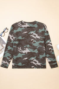 Camouflage Print Textured Drop Shoulder Long Sleeve Top - KaleaBoutique.com