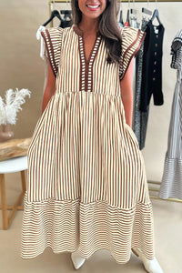 KaleaBoutique Double Ruffled Short Sleeve Contrast Trim V Neck Midi Dress - KaleaBoutique.com
