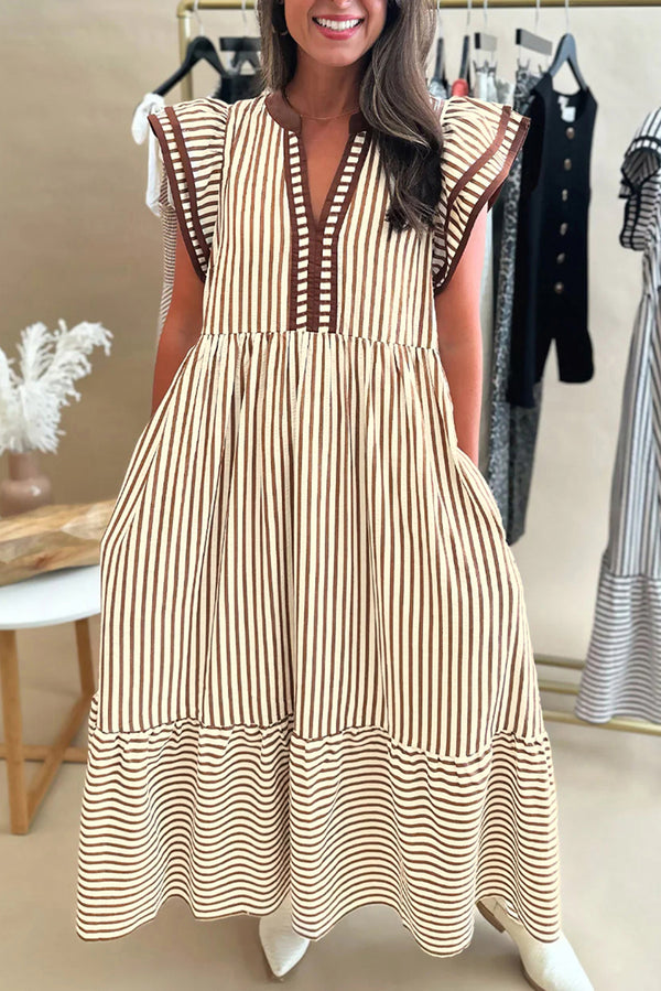 KaleaBoutique Double Ruffled Short Sleeve Contrast Trim V Neck Midi Dress - KaleaBoutique.com