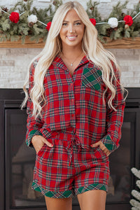 KaleaBoutique Comfortable Dearlovers Plaid Contrast Patched Christmas Holiday Long Sleeve Shirt and Short 2pcs Pajama Set - KaleaBoutique.com