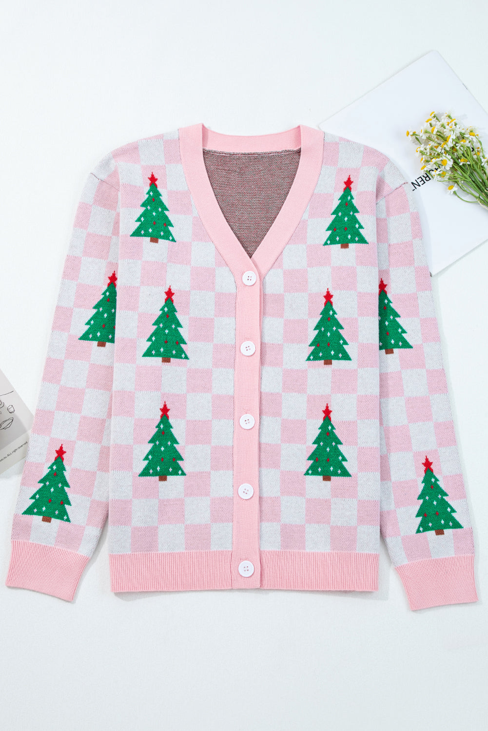 KaleaBoutique Comfortable Checkered Christmas Tree Pattern Button V Neck Cardigan Sweater - KaleaBoutique.com