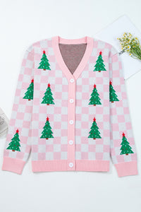 KaleaBoutique Comfortable Checkered Christmas Tree Pattern Button V Neck Cardigan Sweater - KaleaBoutique.com