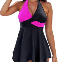 Women's Black and Pink Color Block Halter Dress 2 PC Tankini Set - KaleaBoutique.com
