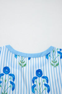 KaleaBoutique Comfortable Floral Striped Print Tie Notched Neck Puff Sleeve Flared Mini Dress - KaleaBoutique.com