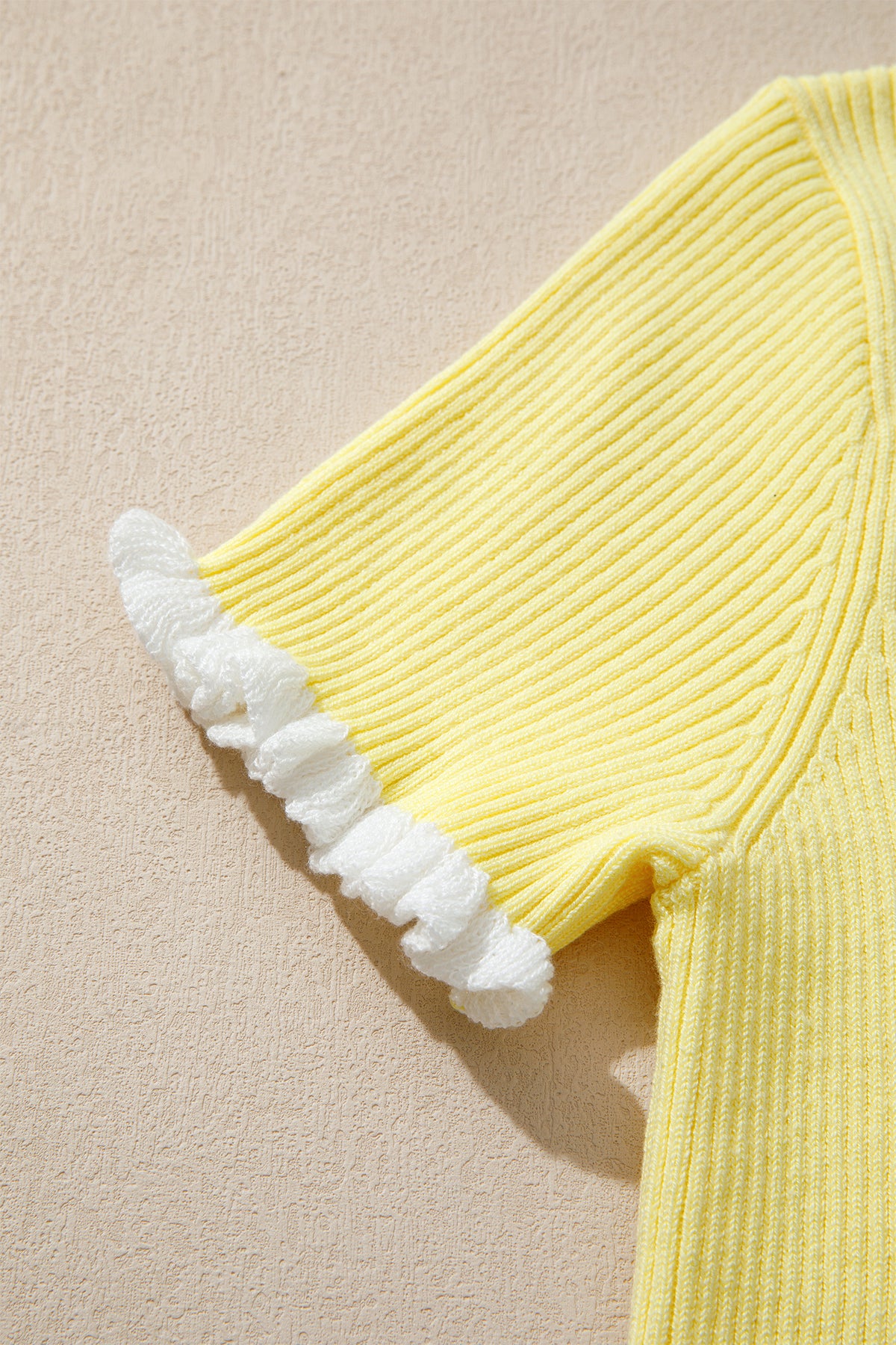 KaleaBoutique Stylish Ribbed Knit Contrast Frilled Short Sleeve Sweater Cardigan - KaleaBoutique.com