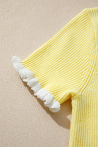 KaleaBoutique Stylish Ribbed Knit Contrast Frilled Short Sleeve Sweater Cardigan - KaleaBoutique.com