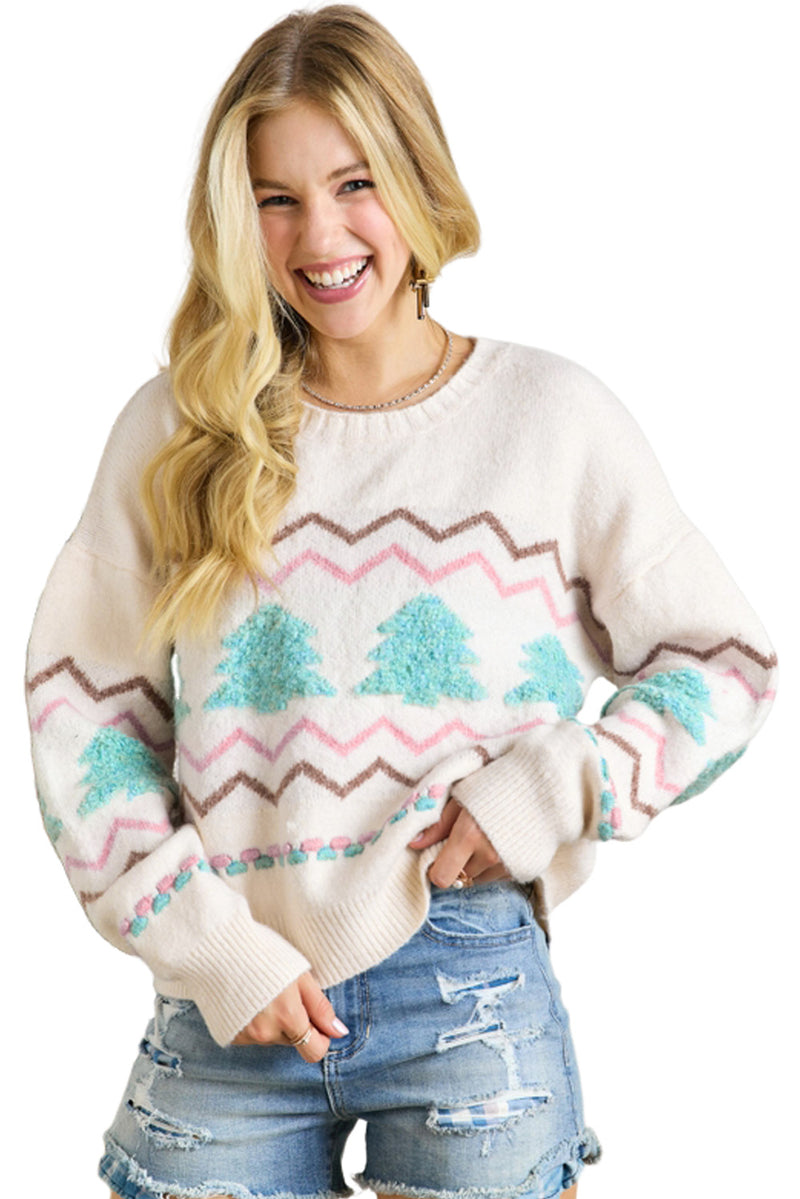 KaleaBoutique Stylish Striped Christmas Tree Ribbed Trim Drop Shoulder Sweater - KaleaBoutique.com