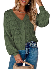 Women's Openwork V-Neck Button-Front Balloon-Sleeve Cardigan - KaleaBoutique.com
