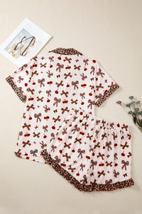KaleaBoutique Stylish Chic Bow Cherry Printed Leopard Contrast Patchwork Shirt Drawstring Shorts 2pcs PJ Set - KaleaBoutique.com