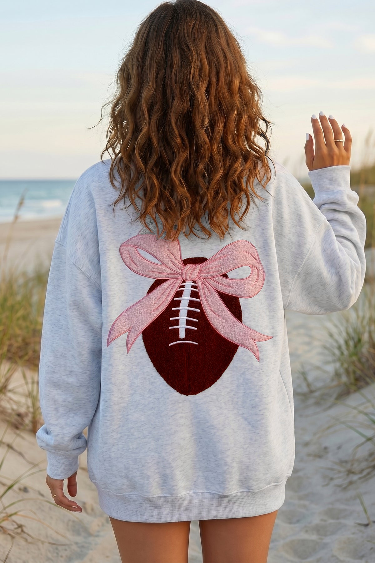 KaleaBoutique Comfortable Embroidered Football Bow Back Long Sleeve Sweatshirt - KaleaBoutique.com