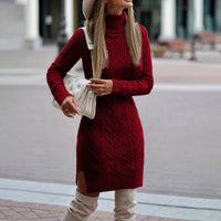 Fashion Turtleneck Knitted Dress With Slit Design Winter Warm Solid Color Pullover Long Sweater Women's Clothing - KaleaBoutique.com