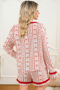 KaleaBoutique Stylish Sweet Floral Heart Bow Print Contrast Trim Long Sleeve Shirt Pajama Short Set - KaleaBoutique.com