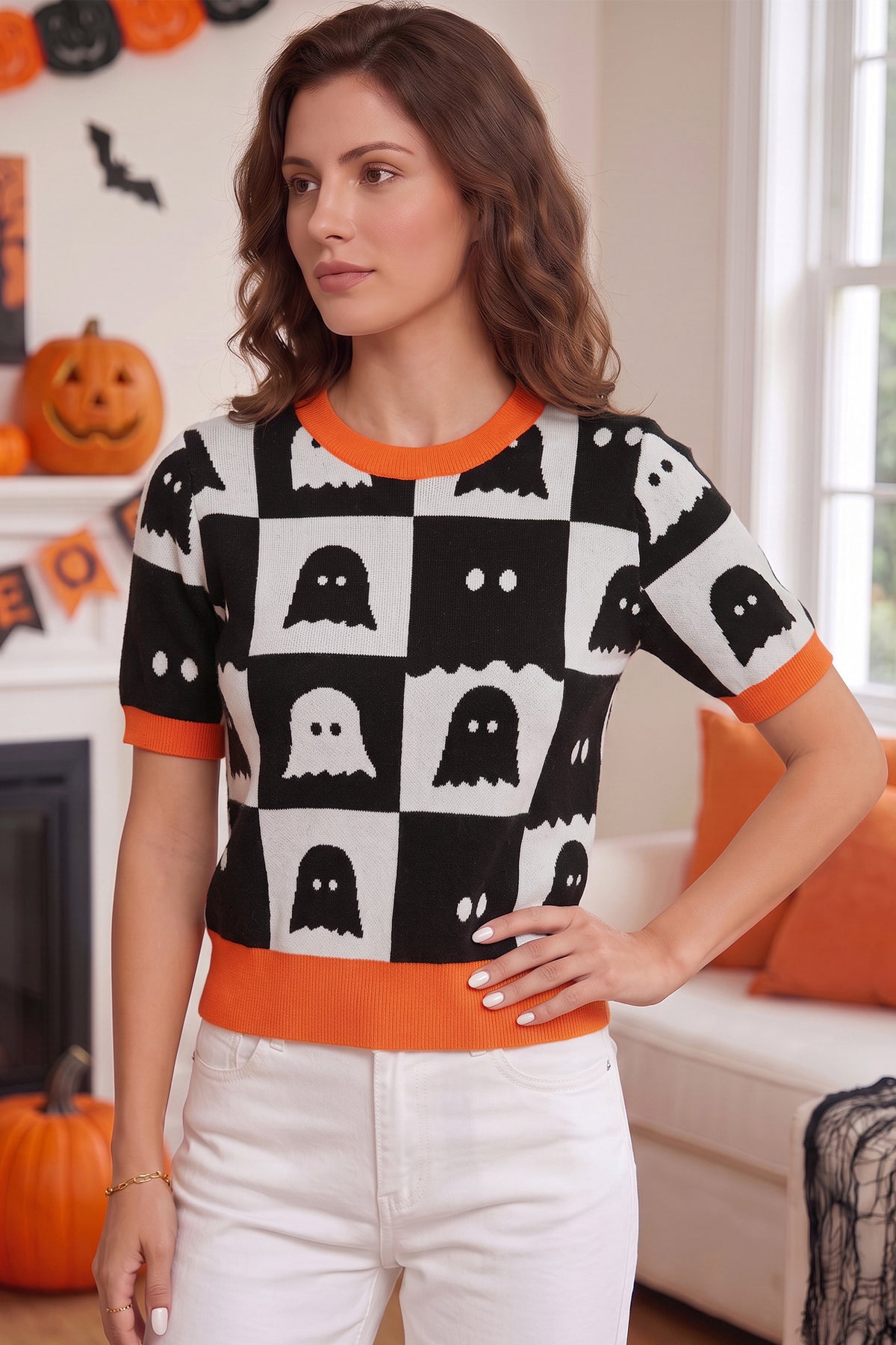 KaleaBoutique Stylish Geometric Ghost Color Block Trim Short Sleeve Knit Sweater - KaleaBoutique.com